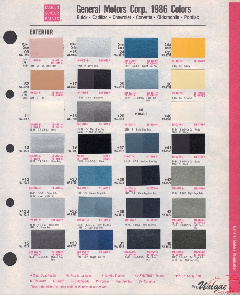 1986 General Motors Paint Charts Martin-Senour 1